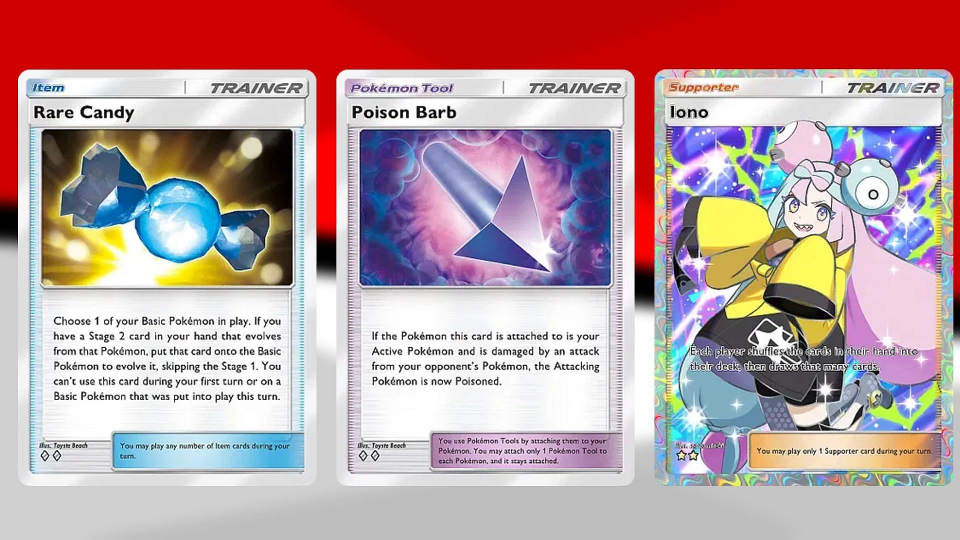 Rare Candy, Poison Barb, and Iono in PTCGP (Image via TPC)